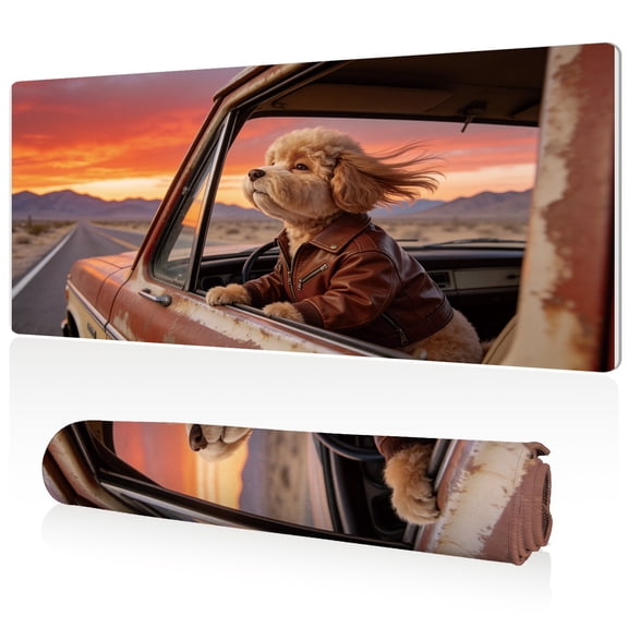 LIVEKEY XXL Mouse Pad Cute Puppy Leather Jacket Road Trip 80x40cm Non Slip Durable Easy Clean Stitched Edges Full Desk Coverage for Gaming Office Use