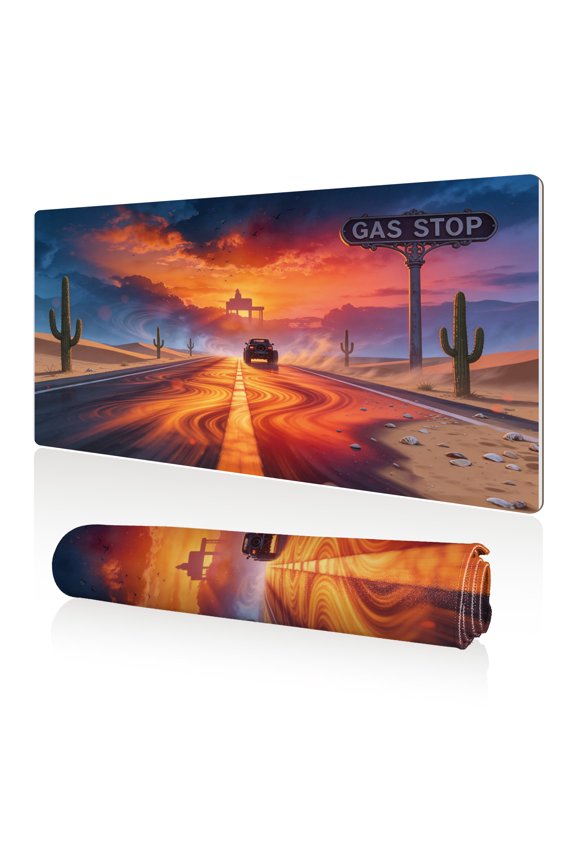 XXL Mouse Pad Desert Gas Stop Sunset 80x40cm Non Slip Durable Easy Clean Stitched Edges Full Desk Coverage for Gaming Office Use