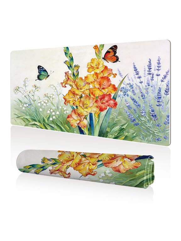 XXL Mouse Pad Floral Garden Butterflies 80x40cm Non Slip Durable Easy Clean Stitched Edges Full Desk Coverage for Gaming Office Use