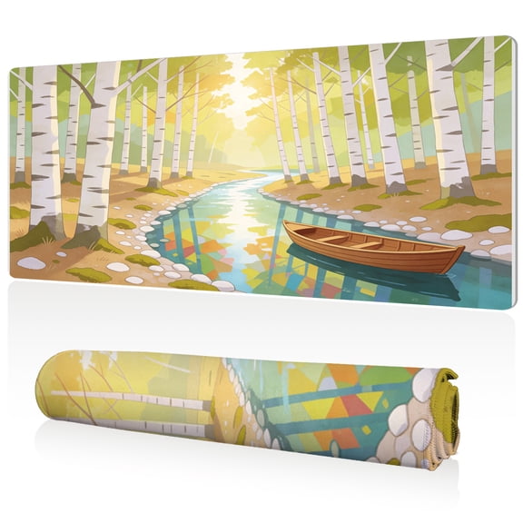 LIVEKEY XXL Mouse Pad Forest Stream with Boat 80x40cm Large Desk Mat Full Coverage Durable Easy to Clean Non Slip Base Stitched Edges for Gaming and Office Computer Use
