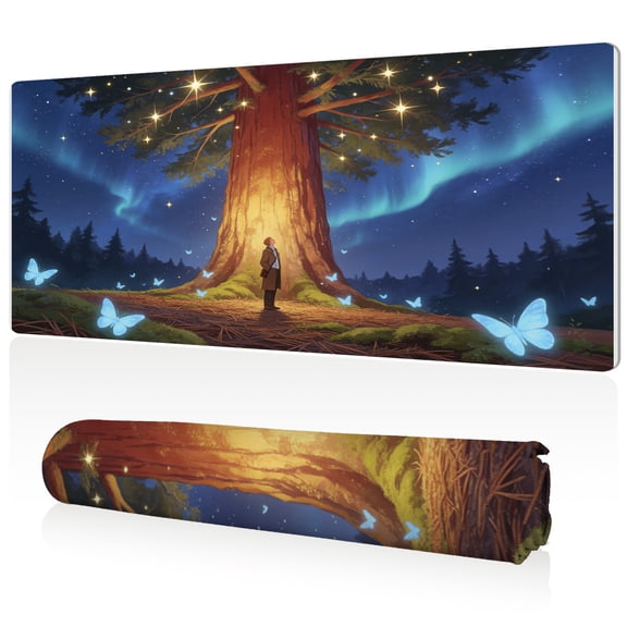 LIVEKEY XXL Mouse Pad Glowing Tree Butterfly Aurora Forest Night Man Standing Under Giant Tree 80x40cm Non Slip Durable Easy Clean Stitched Edges Full Desk Coverage for Gaming Office Use