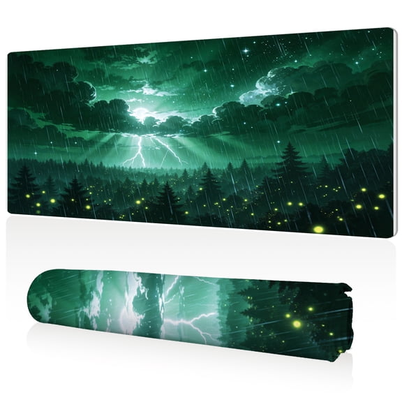 LIVEKEY XXL Mouse Pad Green Aurora Forest Lightning Rain Fireflies Design 80x40cm Non Slip Durable Easy Clean Stitched Edges Full Desk Coverage for Gaming Office Use