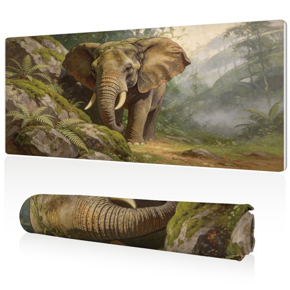 LIVEKEY XXL Mouse Pad Jungle Elephant Design 80x40cm Large Desk Mat Full Coverage Durable Easy to Clean Non Slip Base with Stitched Edges for Gaming and Office Computer Use