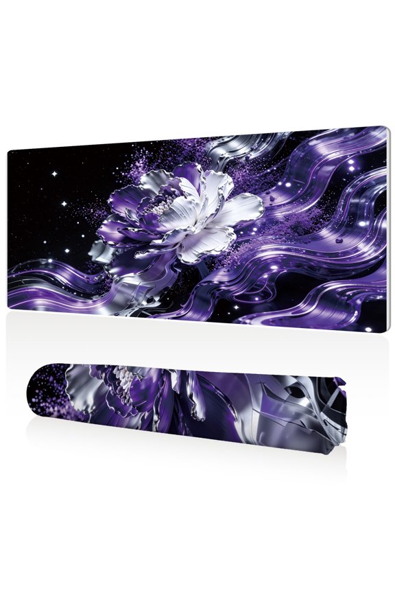 XXL Mouse Pad Purple Metallic Flower 80x40cm Non Slip Durable Easy Clean Stitched Edges Full Desk Coverage for Gaming Office Use