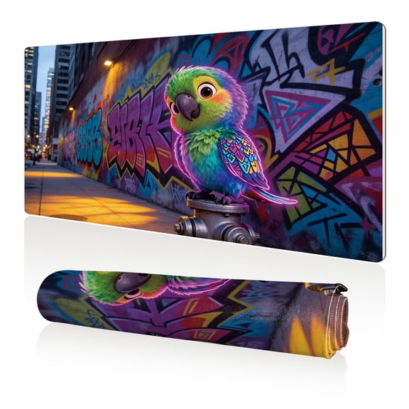 LIVEKEY XXL Mouse Pad Neon Parrot Graffiti Wall 80x40cm Non Slip Durable Easy Clean Stitched Edges Full Desk Coverage for Gaming Office Use