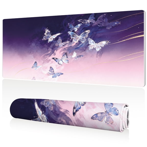 LIVEKEY XXL Mouse Pad Purple Butterflies 80x40cm Non Slip Durable Easy Clean Stitched Edges Full Desk Coverage for Gaming Office Use