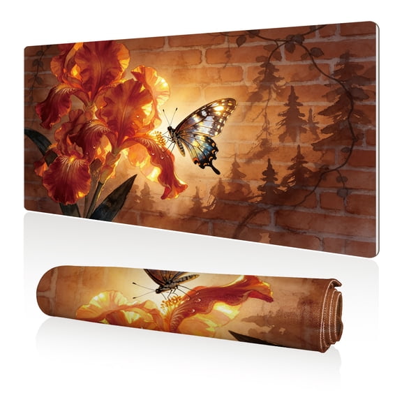 LIVEKEY XXL Mouse Pad Red Iris Butterfly Brick Wall 80x40cm Non Slip Durable Easy Clean Stitched Edges Full Desk Coverage for Gaming Office Use