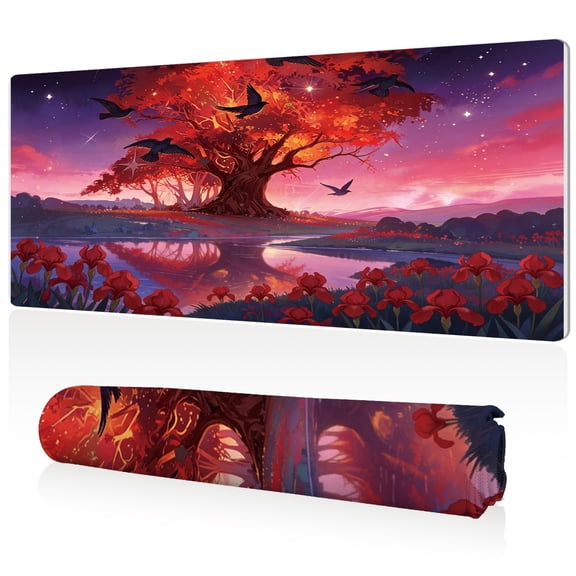 LIVEKEY XXL Mouse Pad Red Tree Lake Flowers Birds 80x40cm Non Slip Durable Easy Clean Stitched Edges Full Desk Coverage for Gaming Office Use