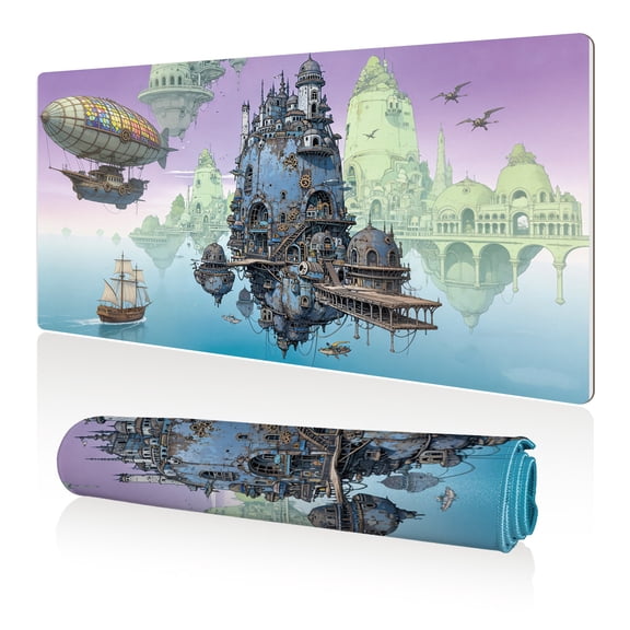 LIVEKEY XXL Mouse Pad Steampunk Floating Castle 80x40cm Non Slip Durable Easy Clean Stitched Edges Full Desk Coverage for Gaming Office Use