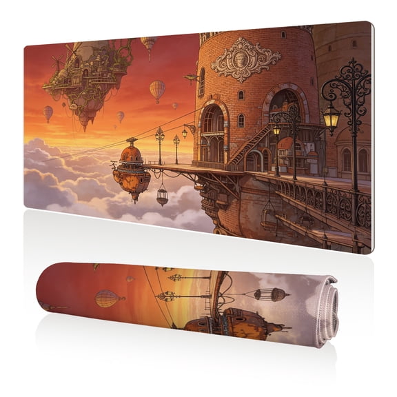 LIVEKEY XXL Mouse Pad Steampunk Floating City 80x40cm Non Slip Durable Easy Clean Stitched Edges Full Desk Coverage for Gaming Office Use