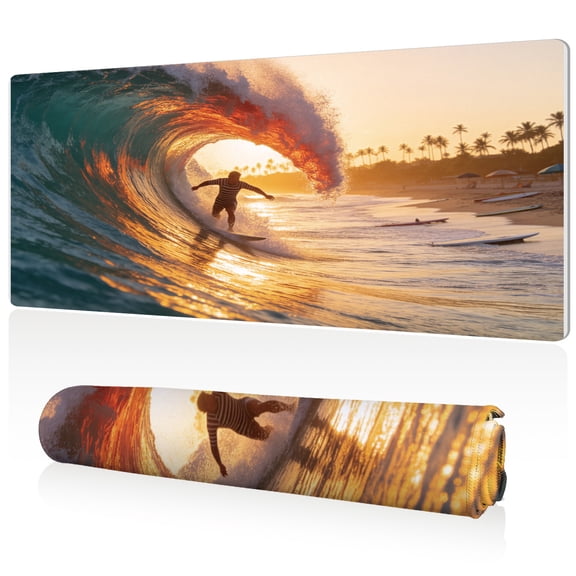 LIVEKEY XXL Mouse Pad Sunset Surfing Wave Tube Beach Palm Design 80x40cm Non Slip Durable Easy Clean Stitched Edges Full Desk Coverage for Gaming Office Use
