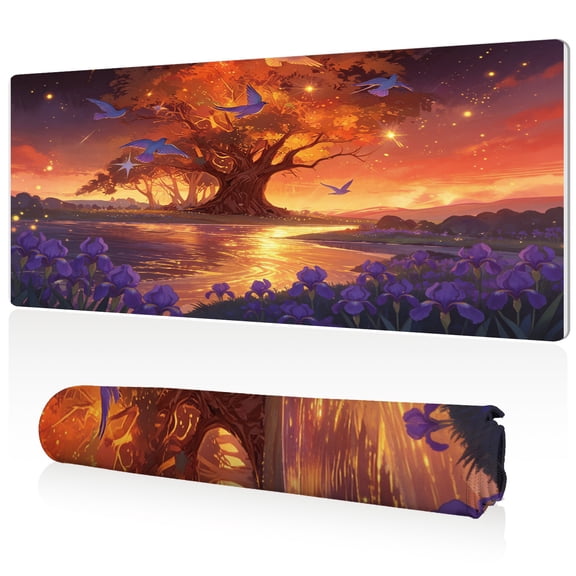 LIVEKEY XXL Mouse Pad Sunset Tree Purple Flowers Birds 80x40cm Non Slip Durable Easy Clean Stitched Edges Full Desk Coverage for Gaming Office Use