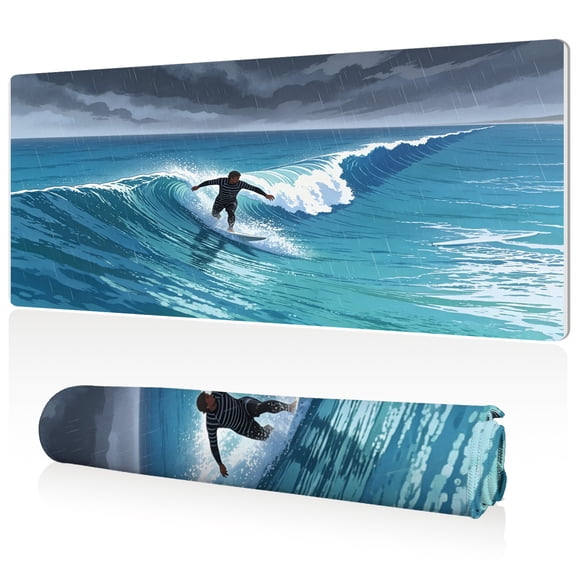 LIVEKEY XXL Mouse Pad Surfing in Rain Storm Ocean Wave Rider Design 80x40cm Non Slip Durable Easy Clean Stitched Edges Full Desk Coverage for Gaming Office Use