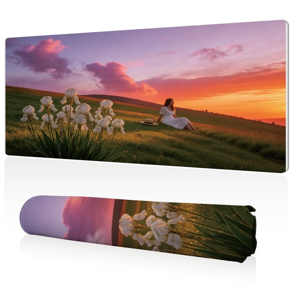 LIVEKEY XXL Mouse Pad White Iris Woman Sunset 80x40cm Non Slip Durable Easy Clean Stitched Edges Full Desk Coverage for Gaming Office Use