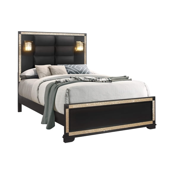 LIVELY BLACK/GOLD QUEEN BED WITH LAMPS