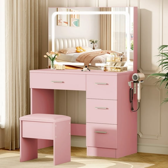 LIVELYGLOW Vanity Set with Mirror&Stool,Makeup Vanity Set with Power Outlet,Vanity Dressing Table with LED Light for Bedroom,Pink