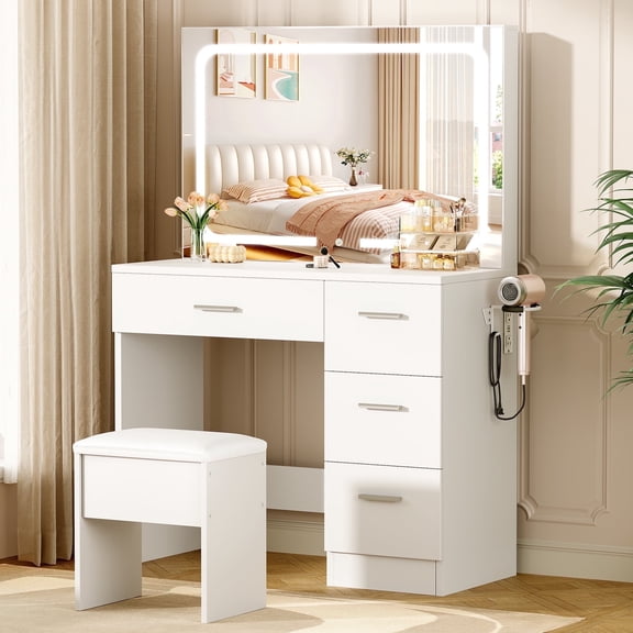 LIVELYGLOW Vanity Set with Mirror&Stool,Makeup Vanity Set with Power Outlet,Vanity Dressing Table with LED Light for Bedroom,White