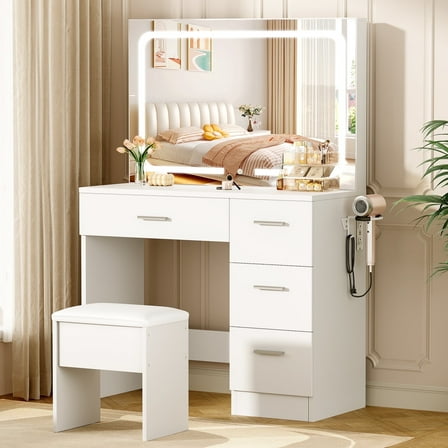 LIVELYGLOW Vanity Set with Mirror&Stool,Makeup Vanity Set with Power Outlet,Vanity Dressing Table with LED Light for Bedroom,White