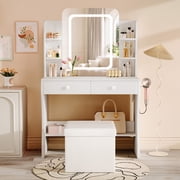 LIVELYGLOW Makeup Vanity Set with Stool, Lighted Mirror, Vanity Set with 6 Open Shelves, 2 Drawers, Power Outlet & Hairdryer Holder, Vanity Dressing Table Perfect gift for Bedroom - White