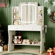 LIVELYGLOW Makeup Vanity Desk with Lighted Mirror, Vanity Set with 6 Open Shelves, 2 Drawers, Power Outlet & Hairdryer Holder, Vanity Dressing Table Perfect gift for Bedroom - White
