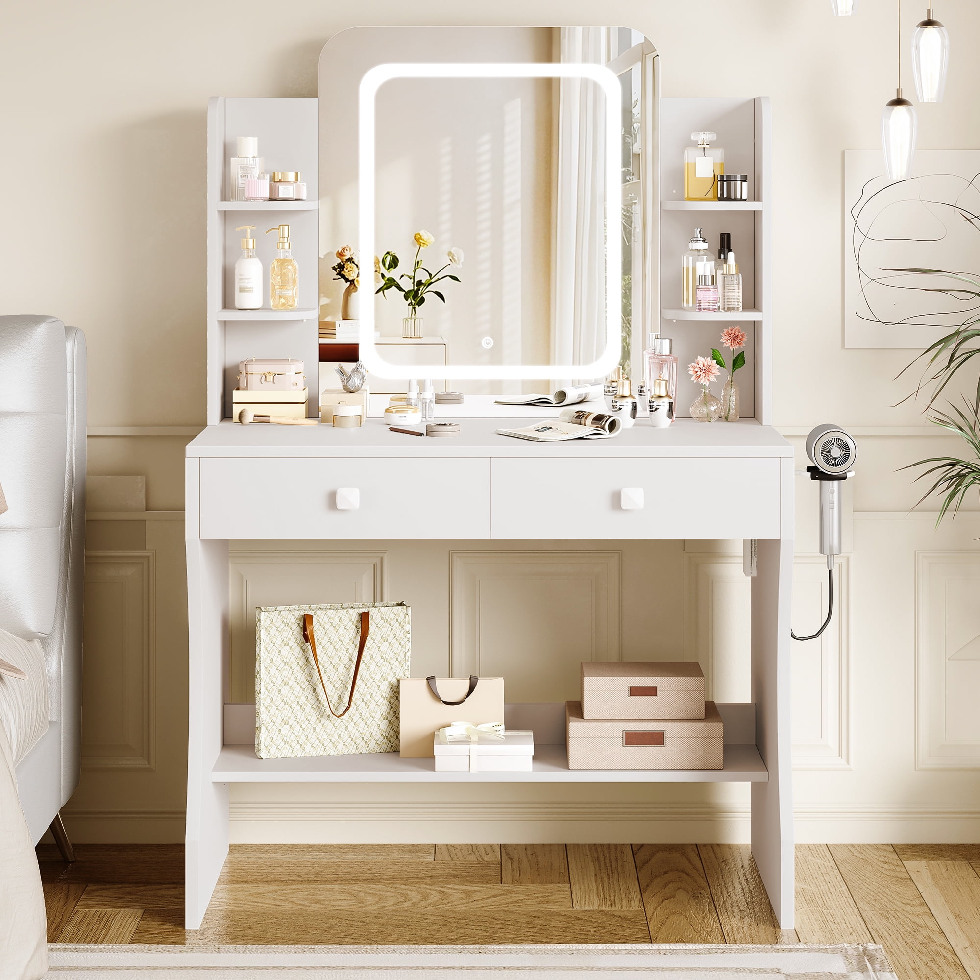 LIVELYGLOW Makeup Vanity Desk with Lighted Mirror, Vanity Set with 6 Open Shelves, 2 Drawers, Power Outlet & Hairdryer Holder, Vanity Dressing Table Perfect gift for Bedroom - White