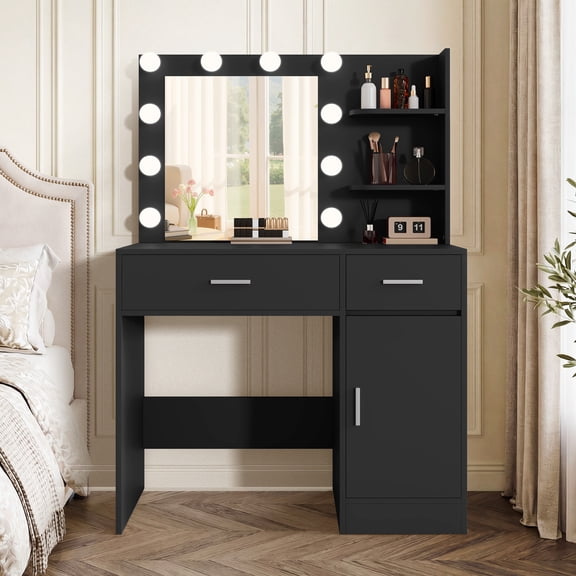 LIVELYGLOW Makeup Vanity Desk with Lighted Mirror, Vanity Set with 3 Shelves & 2 Drawers & 2-Tier Storage Cabinet, Vanity Table for Bedroom - Black