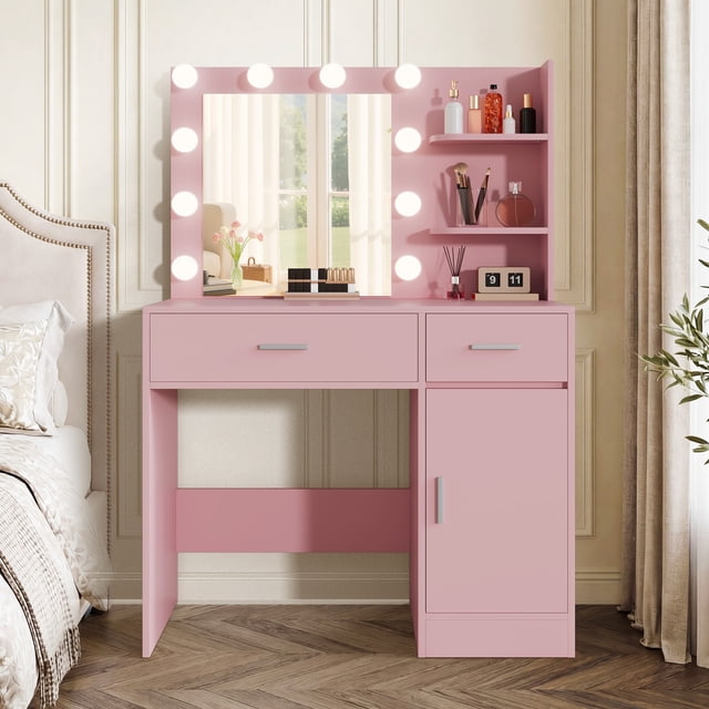 LIVELYGLOW Makeup Vanity Desk with Lighted Mirror, Vanity Set with 3 Shelves & 2 Drawers & 2-Tier Storage Cabinet, Vanity Table for Bedroom - Pink