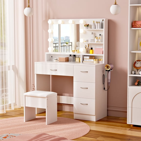 LIVELYGLOW Makeup Vanity Set with Stool, Lighted Mirror, Vanity Desk with 5 Shelves & 4 Drawers, Power Outlet & Hairdryer Holder, Vanity Dressing Table Perfect gift for Bedroom - White