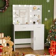 LIVELYGLOW Makeup Vanity Desk with Lighted Mirror, Vanity Set with 3 Shelves & 2 Drawers & 2-Tier Storage Cabinet, Vanity Table for Bedroom - White