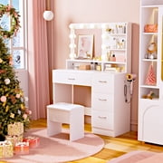 LIVELYGLOW Makeup Vanity Set with Stool, Lighted Mirror, Vanity Desk with 5 Shelves & 4 Drawers, Power Outlet & Hairdryer Holder, Vanity Dressing Table Perfect gift for Bedroom - White