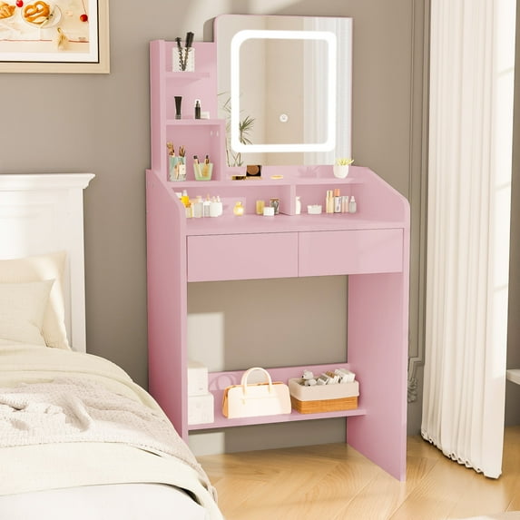LIVELYGLOW Makeup Vanity Desk with Lighted Mirror, Vanity Set with 7 Shelves & 2 Drawers for Bedroom - Pink