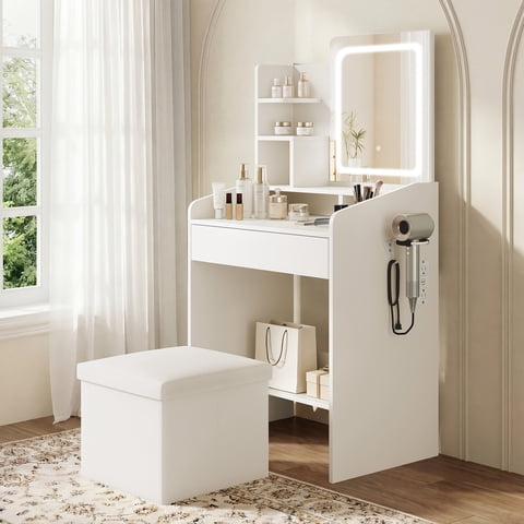 LIVELYGLOW Makeup Vanity Set with Stool, Lighted Mirror, Vanity Desk with 7 Shelves, Large Drawer, Power Outlet & Hairdryer Holder, Vanity Dressing Table Perfect gift for Bedroom - White