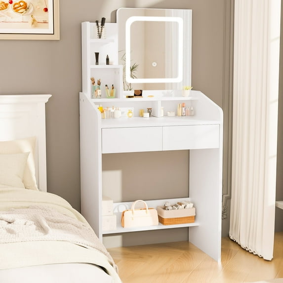 LIVELYGLOW Makeup Vanity Desk with Lighted Mirror, Vanity Set with 7 Shelves & 2 Drawers for Bedroom - White