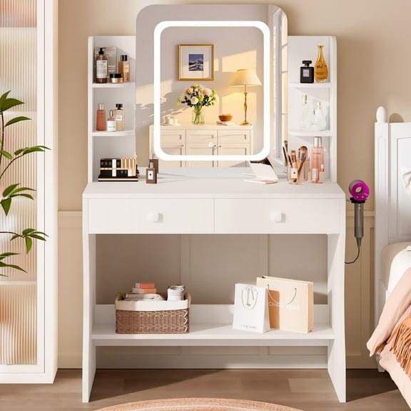 LIVELYGLOW Makeup Vanity Desk with Smart LED Mirror and Power Outlet, 2 Drawer and 5 Shelf Table Set, White