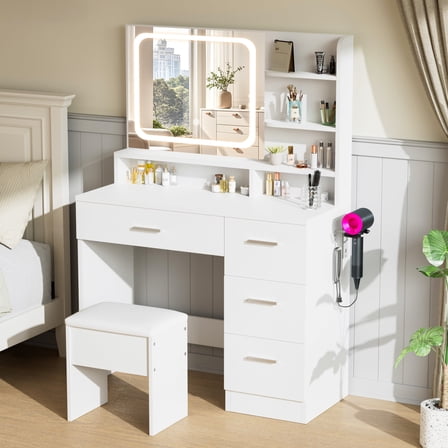 LIVELYGLOW Vanity Set with Stool,Smart LED Mirror Makeup Vanity Set with Power Outlet,Vanity Dressing Table for Bedroom,White