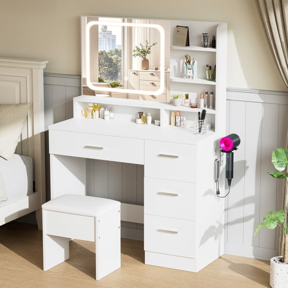 LIVELYGLOW Vanity Set with Stool,Smart LED Mirror Makeup Vanity Set with Power Outlet,Vanity Dressing Table for Bedroom,White