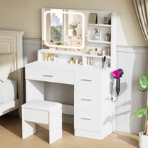 LIVELYGLOW Vanity Set with Stool,Smart LED Mirror Makeup Vanity Set with Power Outlet,Vanity Dressing Table for Bedroom,White