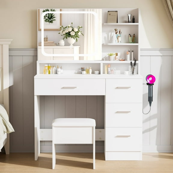 LIVELYGLOW Vanity Set with Mirror,Makeup Vanity Set with Power Outlet,Vanity Dressing Table for Bedroom,White