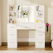 LIVELYGLOW Vanity Set with Smart LED Mirror, Makeup Vanity Desk with Power Outlet, Storage Drawers, Hairdryer Rack, Modern Dressing Table for Bedroom, White