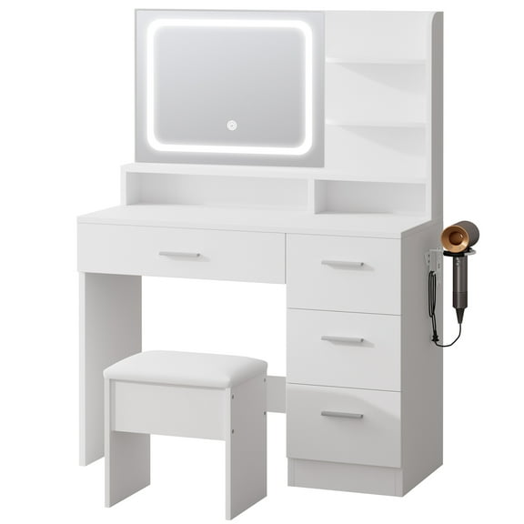 LIVELYGLOW Vanity Desk Set with Mirror,LED Lights and Power Outlet, Makeup Vanity Set with 7 Drawers and 6 Storage Shelves, Dressing Table with 3 Lighting Modes for for Bedroom,White
