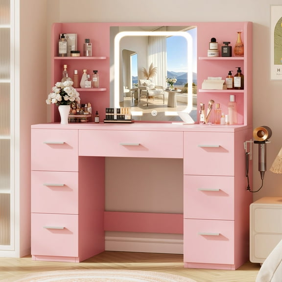 LIVELYGLOW Vanity Desk Set with Mirror,Makeup Vanity Set with LED Lights,Dressing Table with 3 Lighting Modes for for Bedroom,Pink