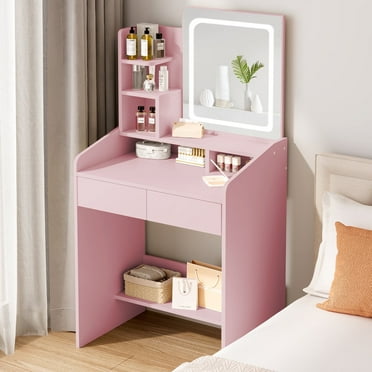 LIVELYGLOW Vanity Desk Set with Square Mirror and Light- Small Vanity Table with Drawers- Pink