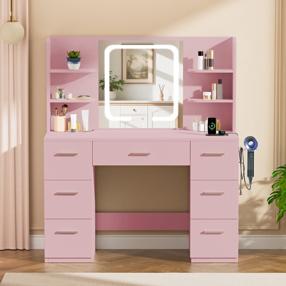 LIVELYGLOW Vanity Desk with Smart LED Lighted Mirror, Built-in Power Outlet, Large Storage Drawer, Modern Minimalist Makeup Dressing Table for Bedroom,Pink