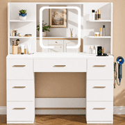 LIVELYGLOW Vanity Desk with Smart LED Lighted Mirror, Built-in Power Outlet, Large Storage Drawer, Modern Minimalist Makeup Dressing Table for Bedroom,White