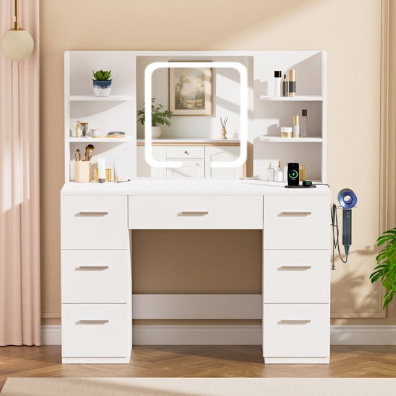 LIVELYGLOW Vanity Desk with Smart LED Lighted Mirror, Built-in Power Outlet, Large Storage Drawer, Modern Minimalist Makeup Dressing Table for Bedroom,White