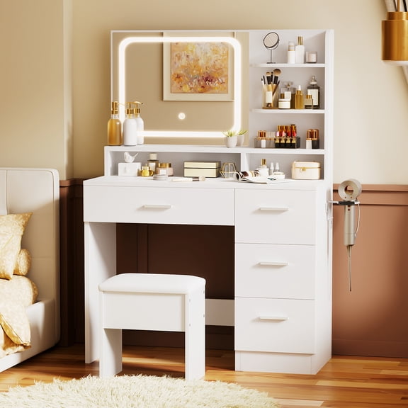 LIVELYGLOW Vanity Desk with Smart LED Mirror & Stool, Makeup Vanity Set with Adjustable Lighting, Built-in Power Outlet, Large Storage Drawer, Modern Minimalist Dressing Table for Bedroom,White