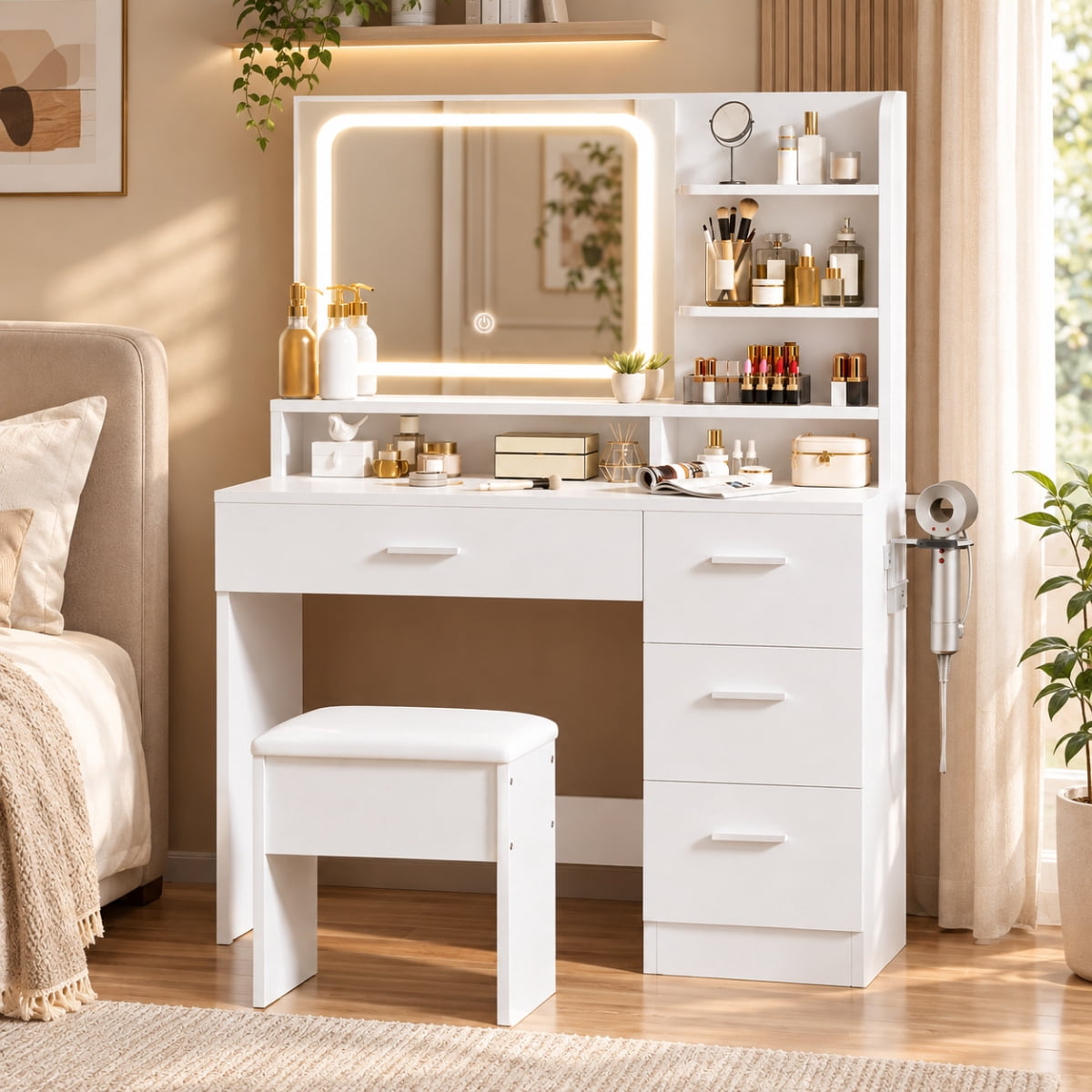LIVELYGLOW Vanity Desk with Smart LED Mirror & Stool, Makeup Vanity Set with Adjustable Lighting, Built-in Power Outlet, Large Storage Drawer, Modern Minimalist Dressing Table for Bedroom,White