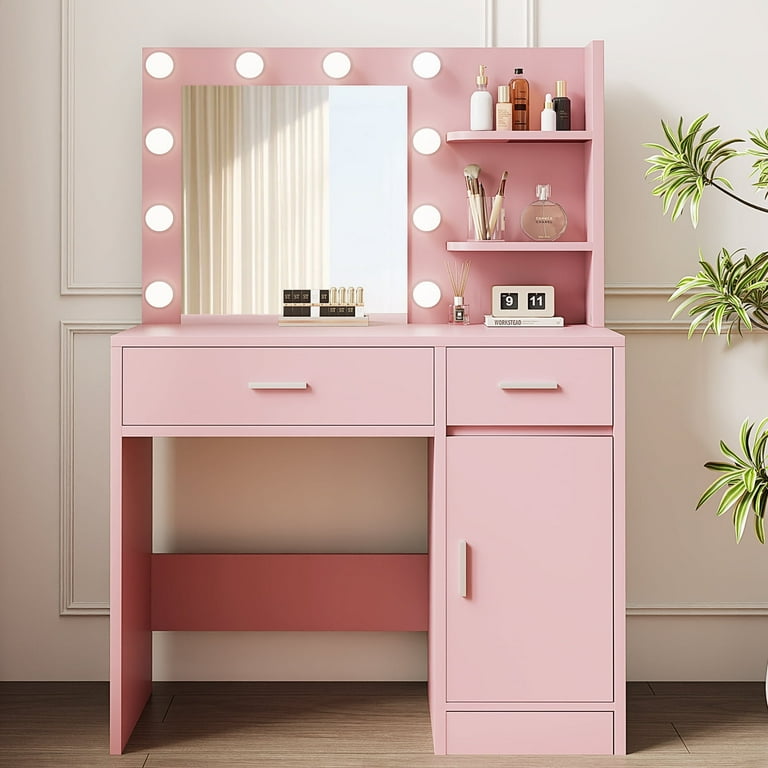 LIVELYGLOW Vanity with Lights, Makeup Vanity with Mirror, 3 Lighting Modes, for Bedroom, Pink