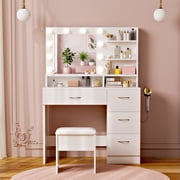 LIVELYGLOW Makeup Vanity Set with Stool, Lighted Mirror, Vanity Desk with 5 Shelves & 4 Drawers, Power Outlet & Hairdryer Holder, Vanity Dressing Table Perfect gift for Bedroom - White
