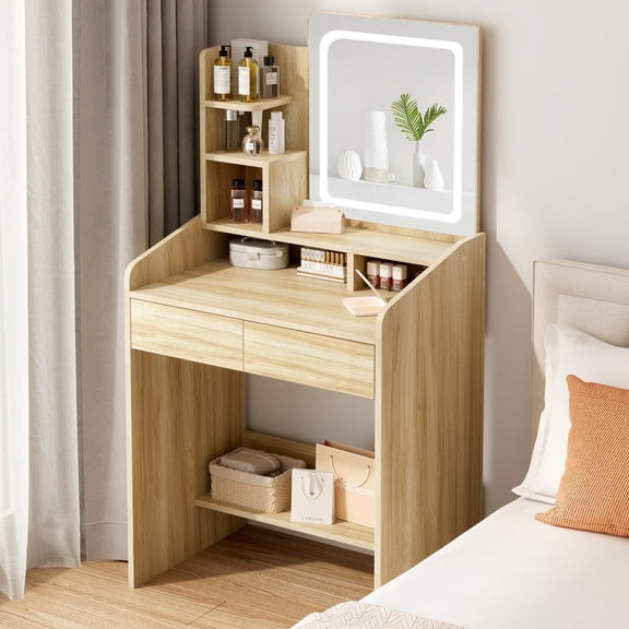 LIVELYGLOW Vanity Desk Set with Square Mirror and Light- Small Vanity Table with Drawers- Wooden